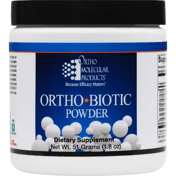 Ortho-Biotic Powder dietary supplement container with blue label, 51 grams