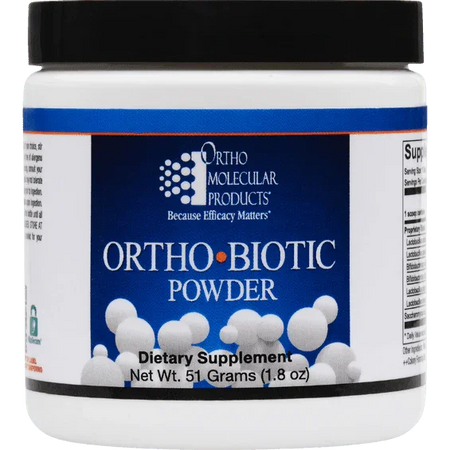 Ortho-Biotic Powder dietary supplement container with blue label, 51 grams