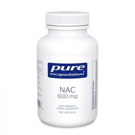 Pure Encapsulations NAC 600 mg dietary supplement bottle, 180 capsules, white background