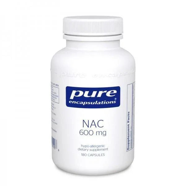 Pure Encapsulations NAC 600 mg dietary supplement bottle, 180 capsules, white background