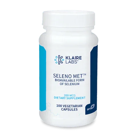 Klaire Labs Seleno Met dietary supplement bottle with 100 vegetarian selenium capsules