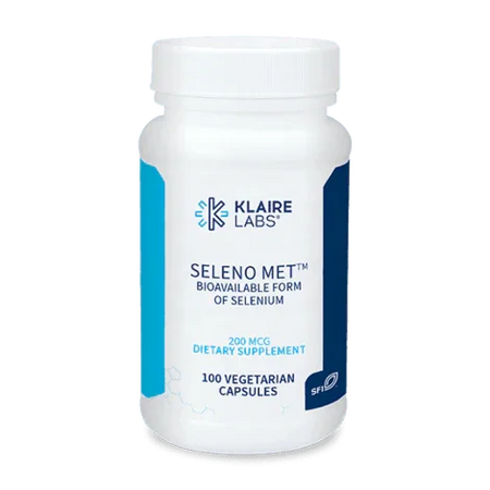 Klaire Labs Seleno Met dietary supplement bottle with 100 vegetarian selenium capsules