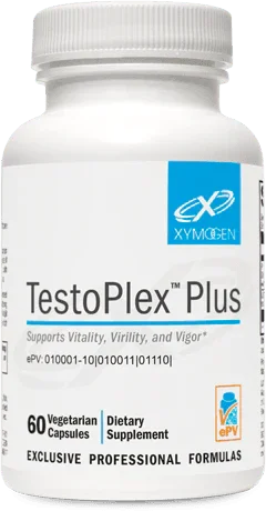 TestoPlex Plus dietary supplement bottle with 60 vegetarian capsules, professional formula