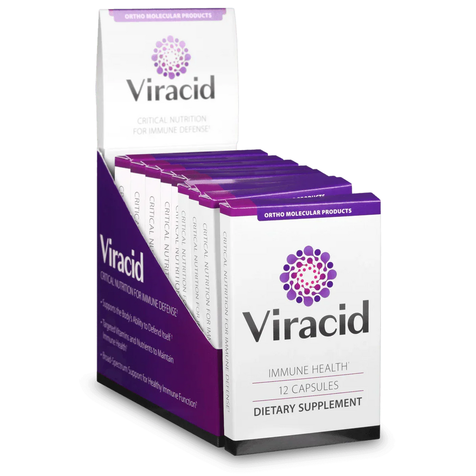 Viracid immune health dietary supplement box display with 12 capsules per package